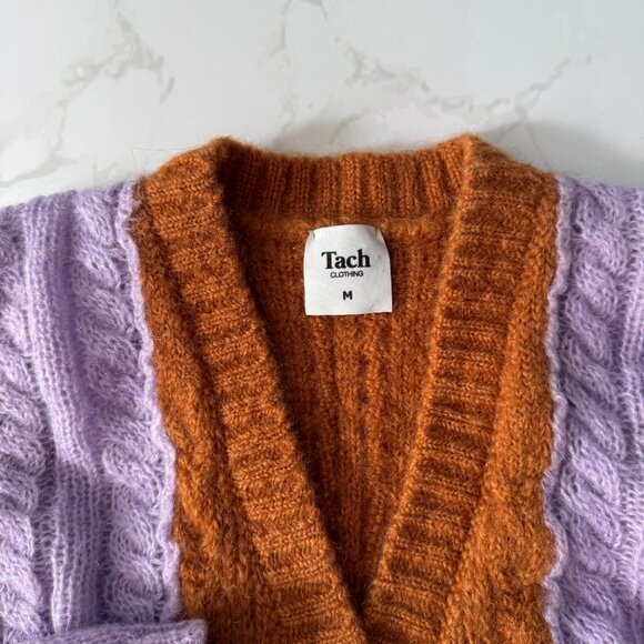 Tach Clothing Colorblock Lilac and Rust Cable Knit Cropped Cardigan Sweater - M - Picture 4 of 14